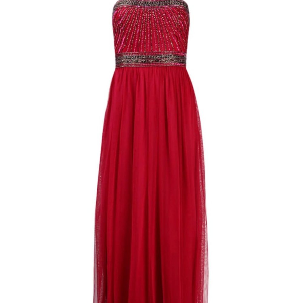 Strapless Sequin and Bead Detail Full Length Mesh Dress